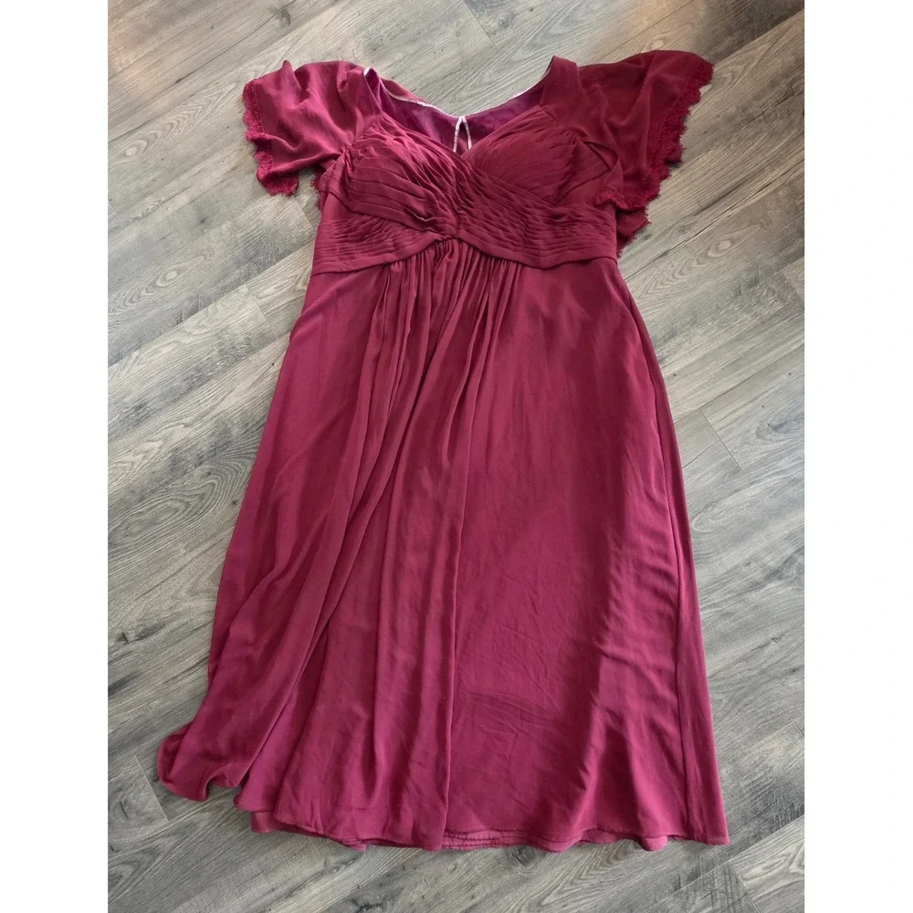 Womens Plus A24 Azazie Burgundy Chiffon Ruched V Neck Flutter Sleeve Formal Gown